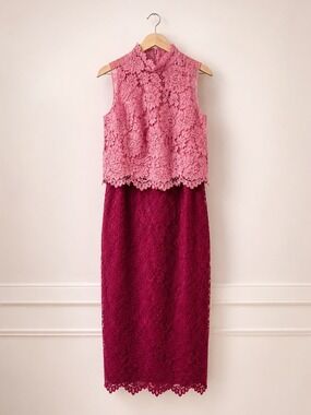Monique Lhuillier Pink Red Colorblock High Neck Lace Midi Dress Size 0